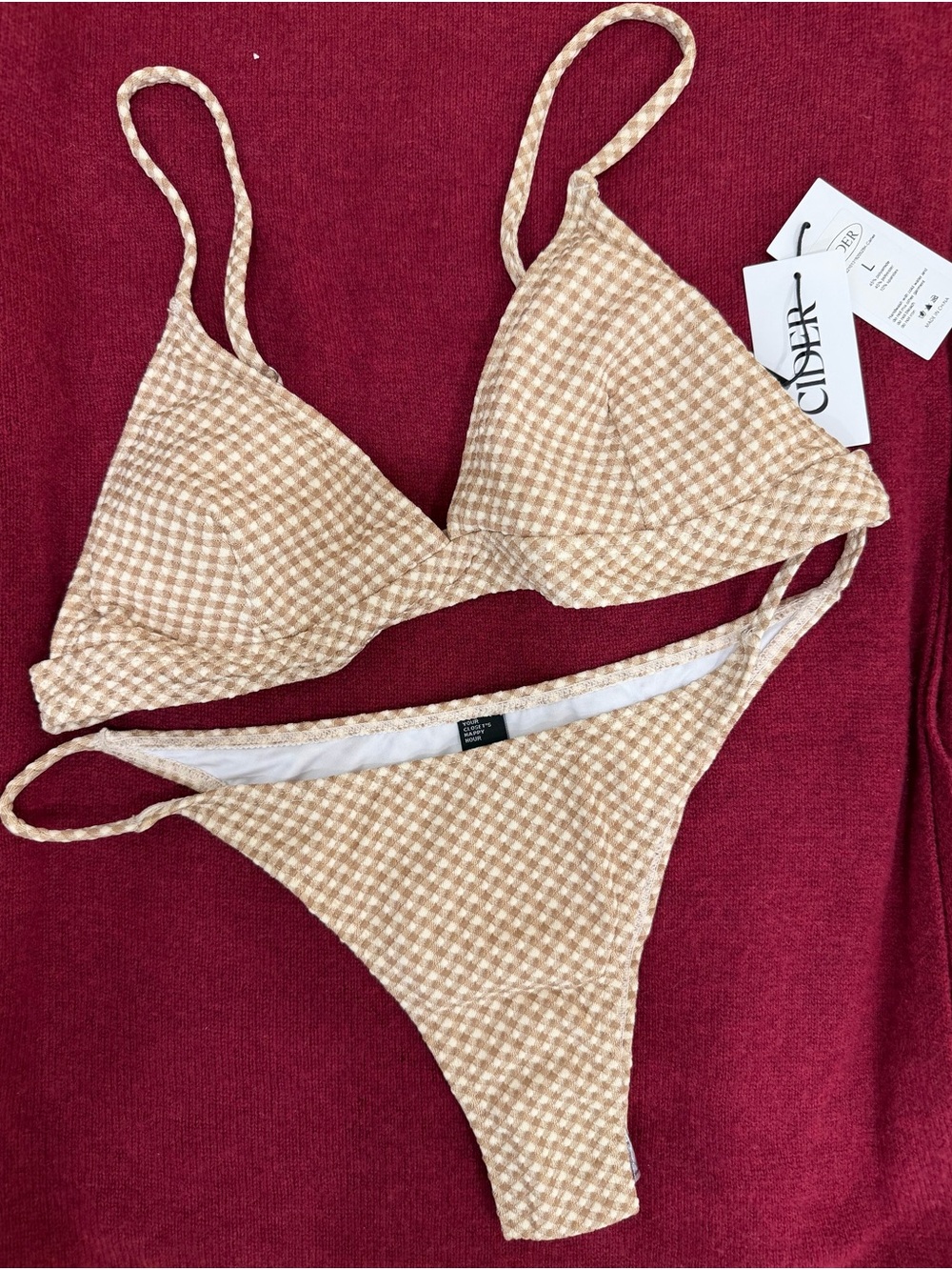 Cider Beige Gingham Triangle Bikini Set